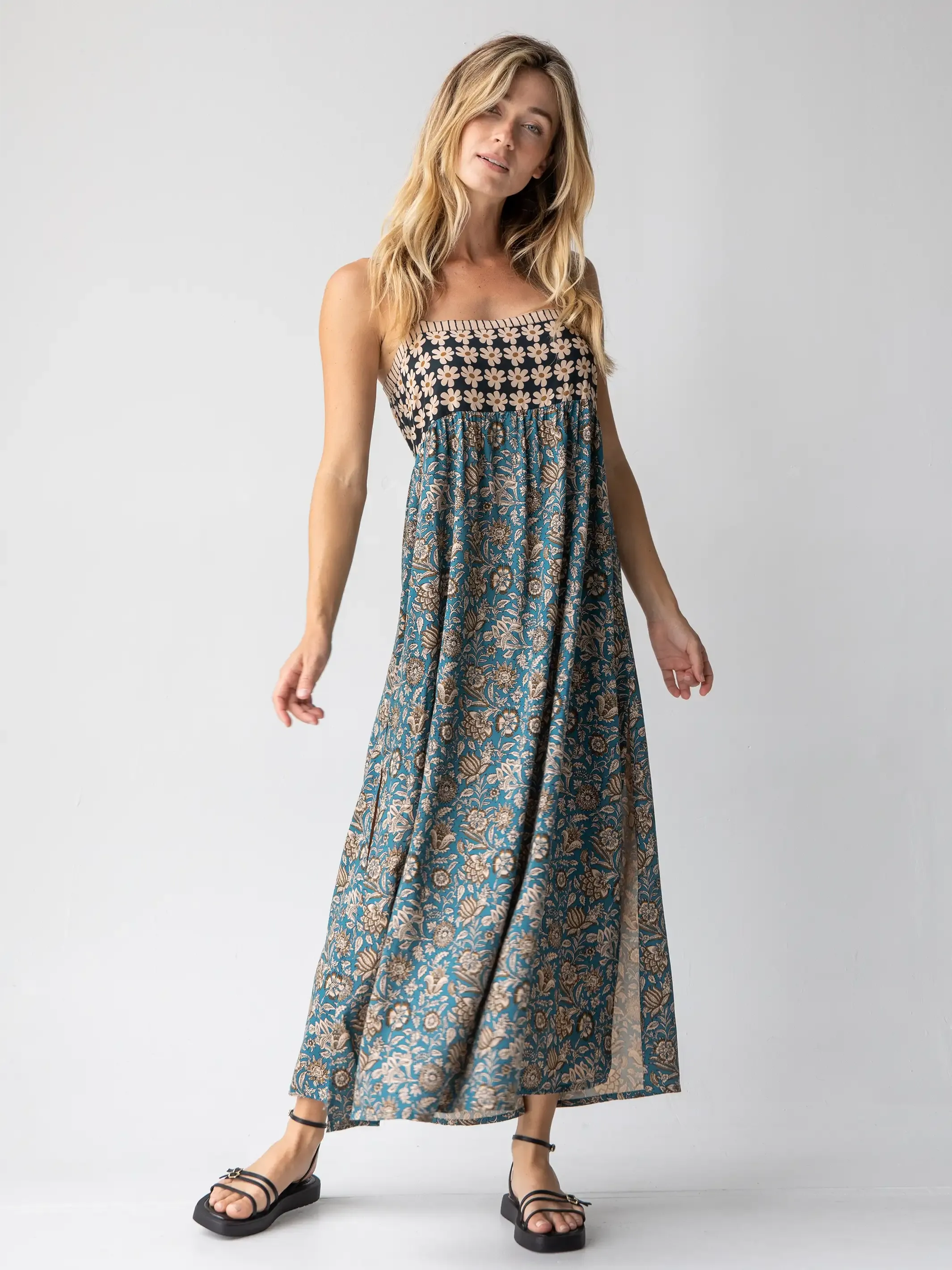 Patti Side Slit Maxi Dress - Teal Cream Mixed Floral