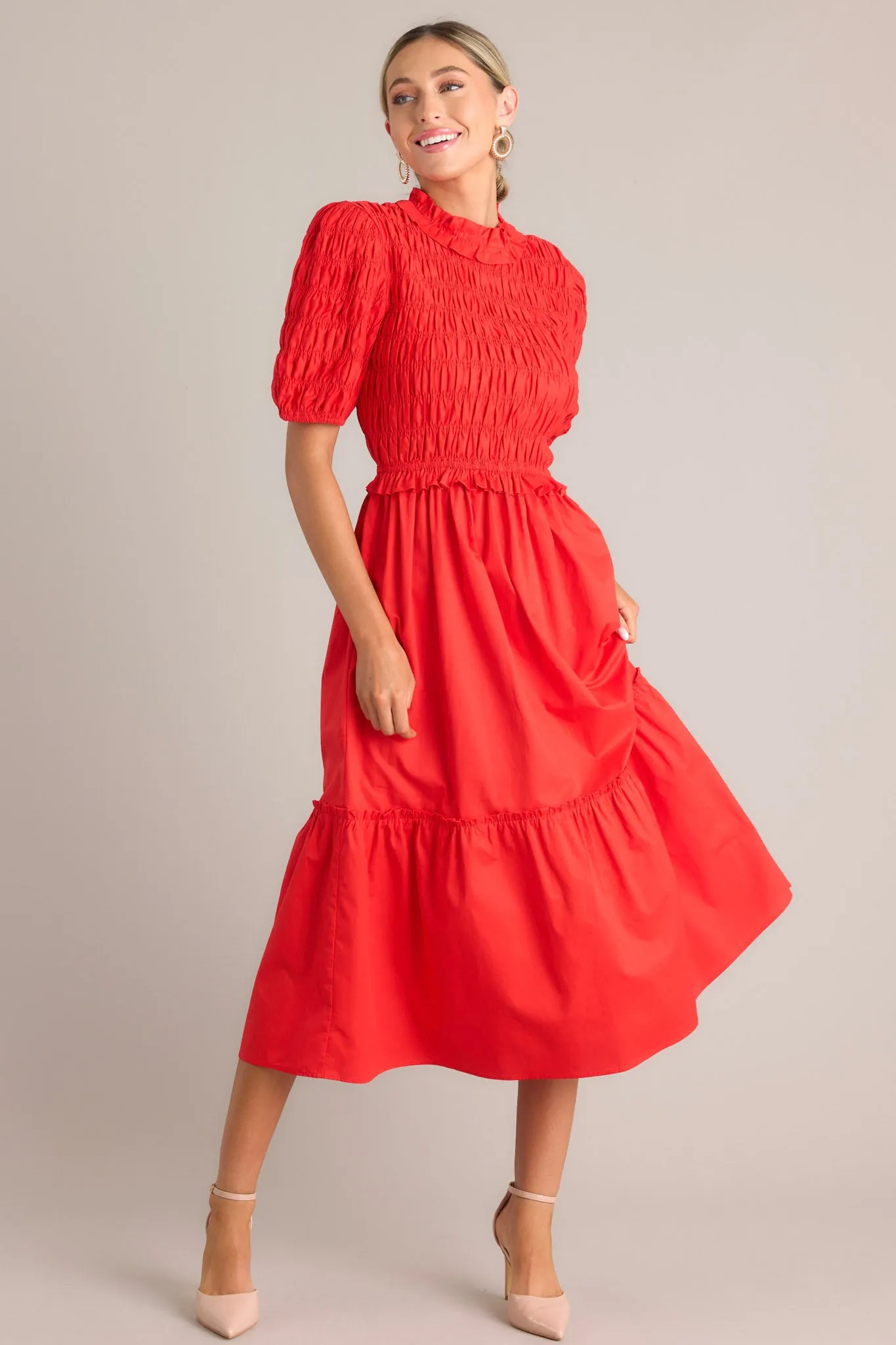 Scarlet Symphony Red Smocked Midi Dress