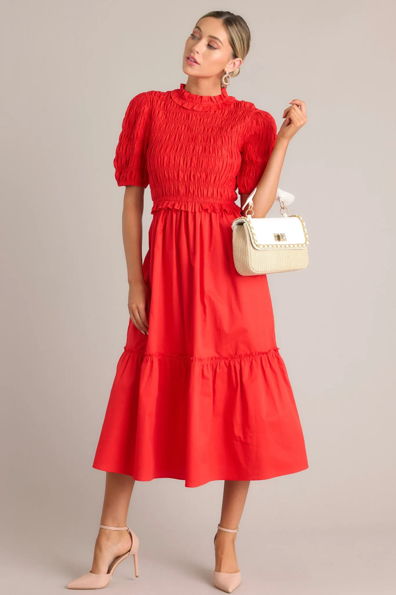 Scarlet Symphony Red Smocked Midi Dress