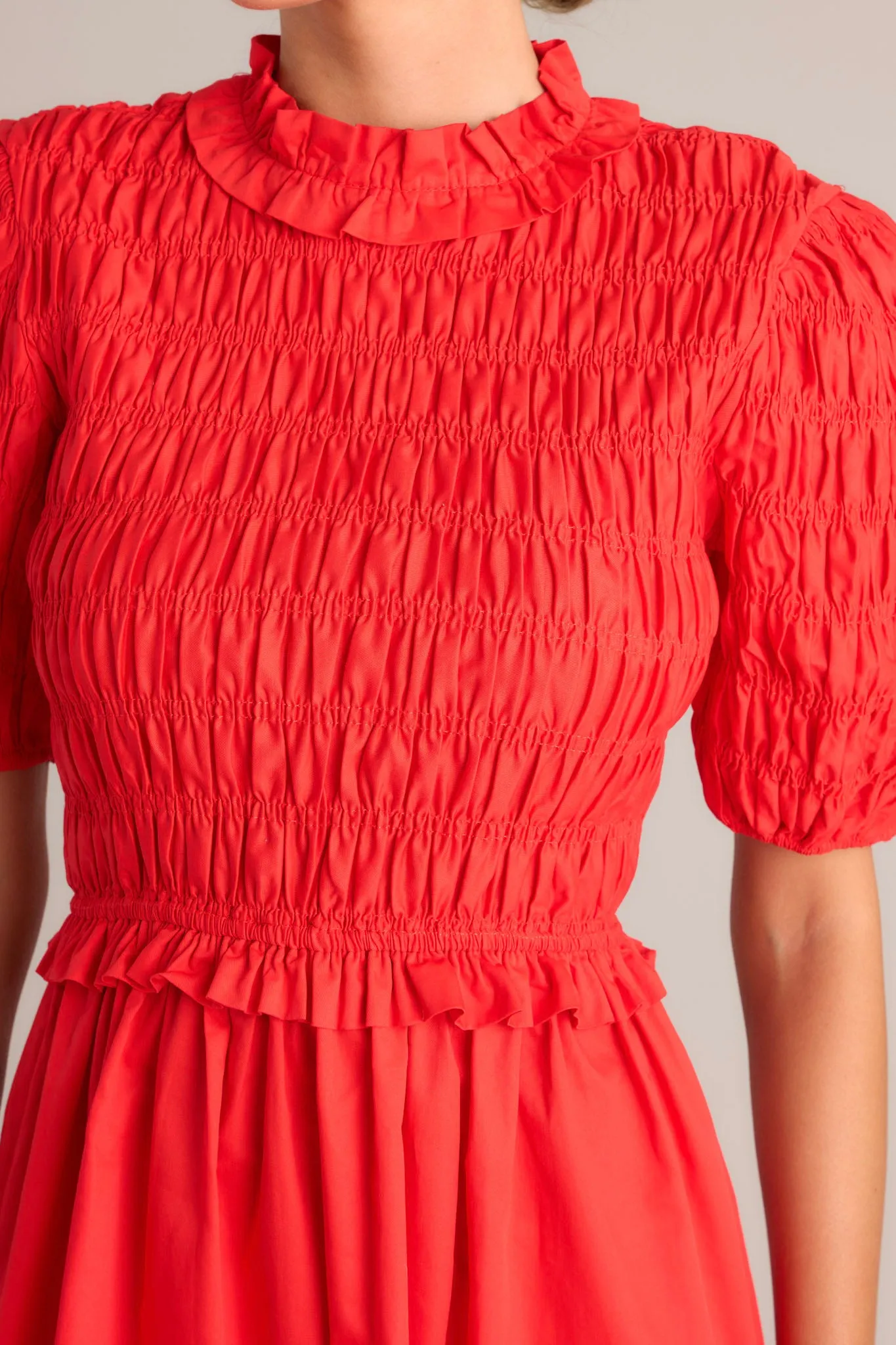 Scarlet Symphony Red Smocked Midi Dress