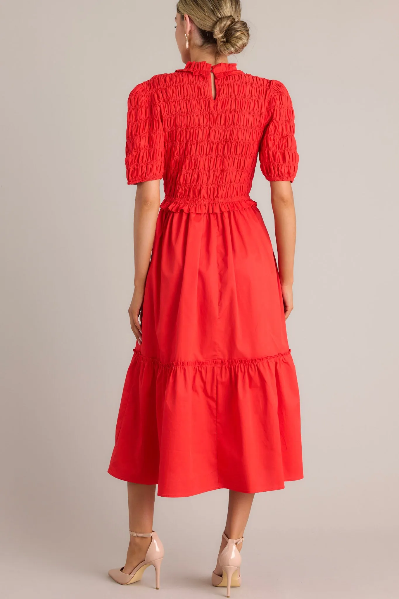 Scarlet Symphony Red Smocked Midi Dress