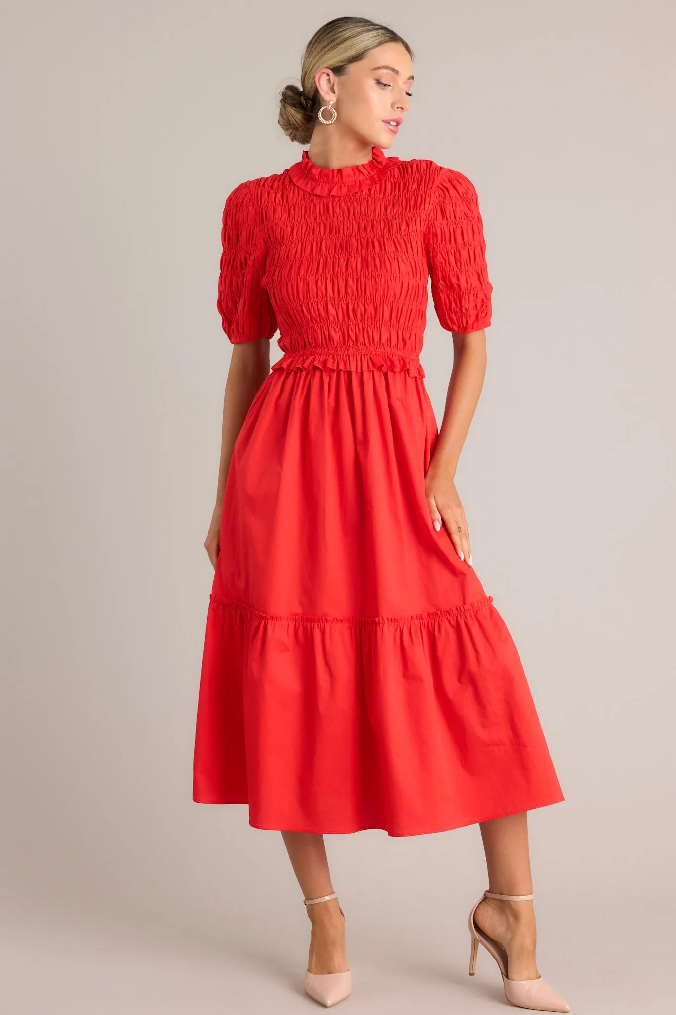 Scarlet Symphony Red Smocked Midi Dress