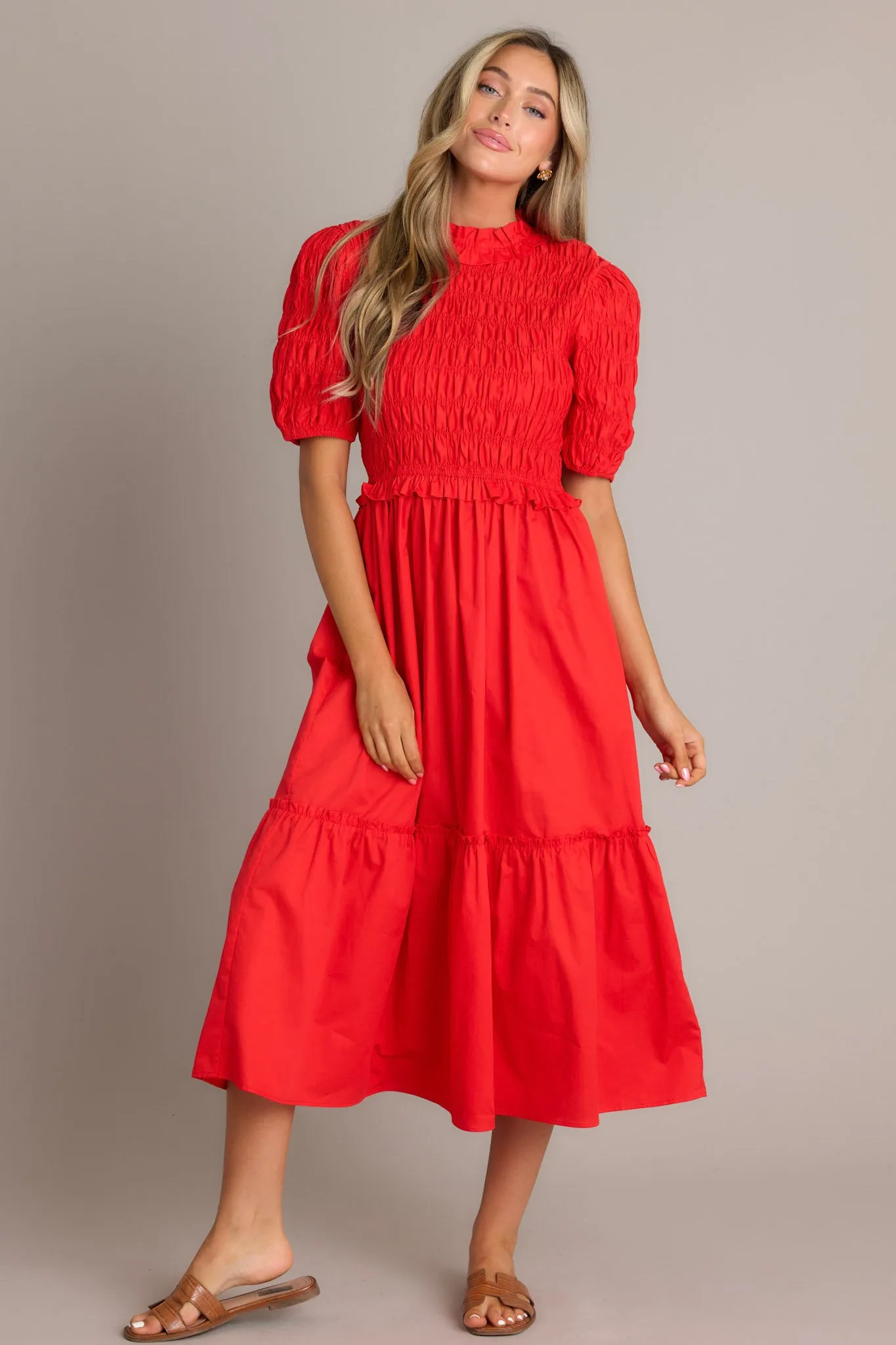 Scarlet Symphony Red Smocked Midi Dress