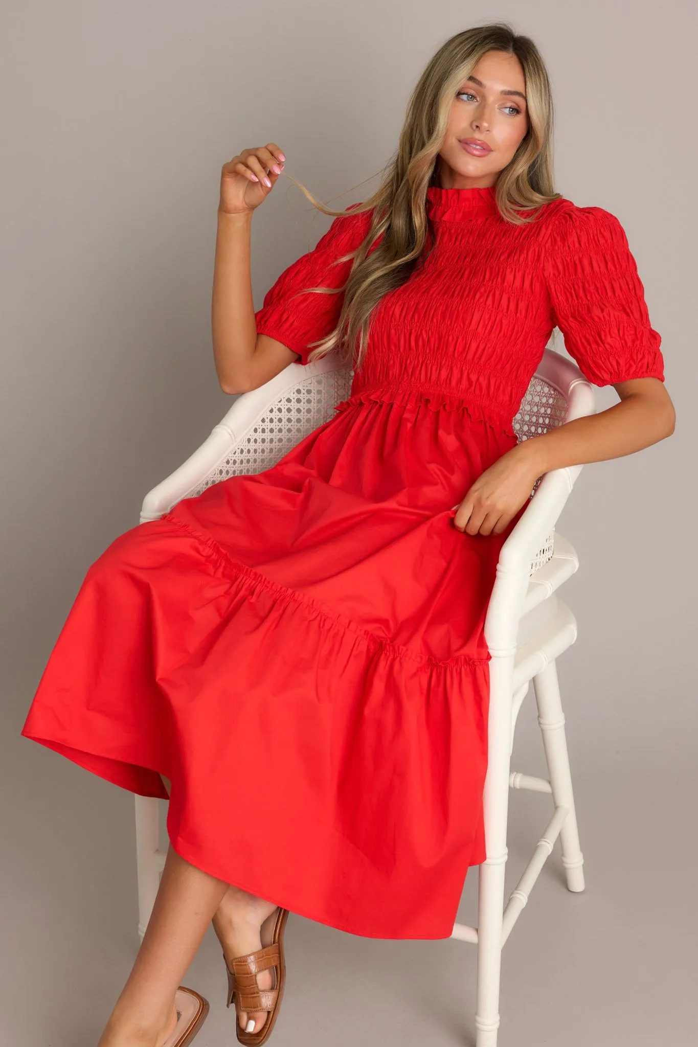 Scarlet Symphony Red Smocked Midi Dress