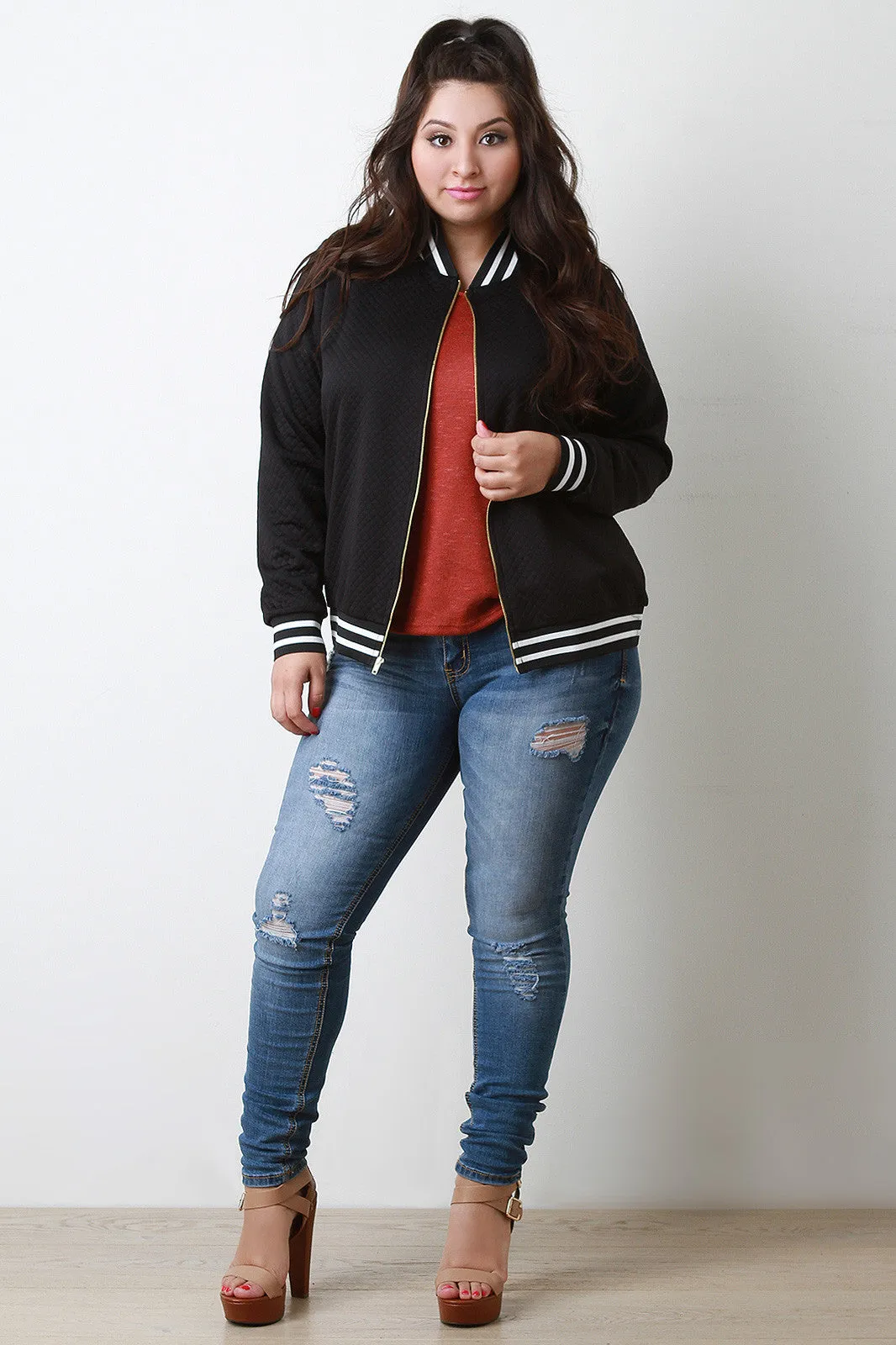 Striped Trim Embossed Quilted Pattern Zip Up Bomber Jacket