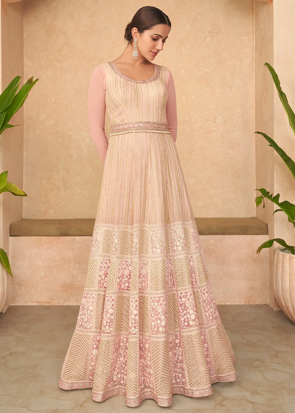 Superb Pink Embroidered Real Georgette Wedding Anarkali Suit