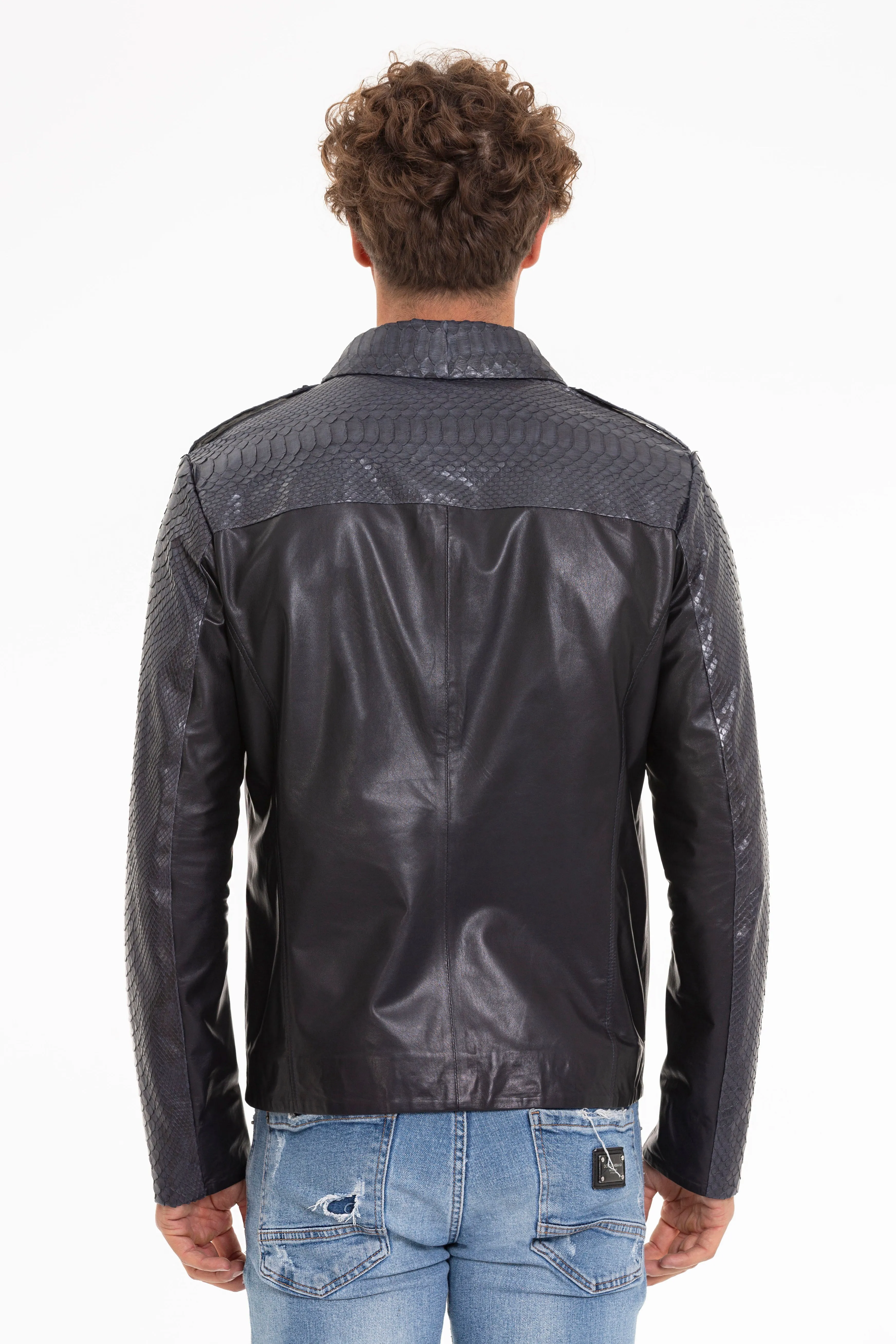 The Agron Pythn Navy Blue Leather Men Jacket