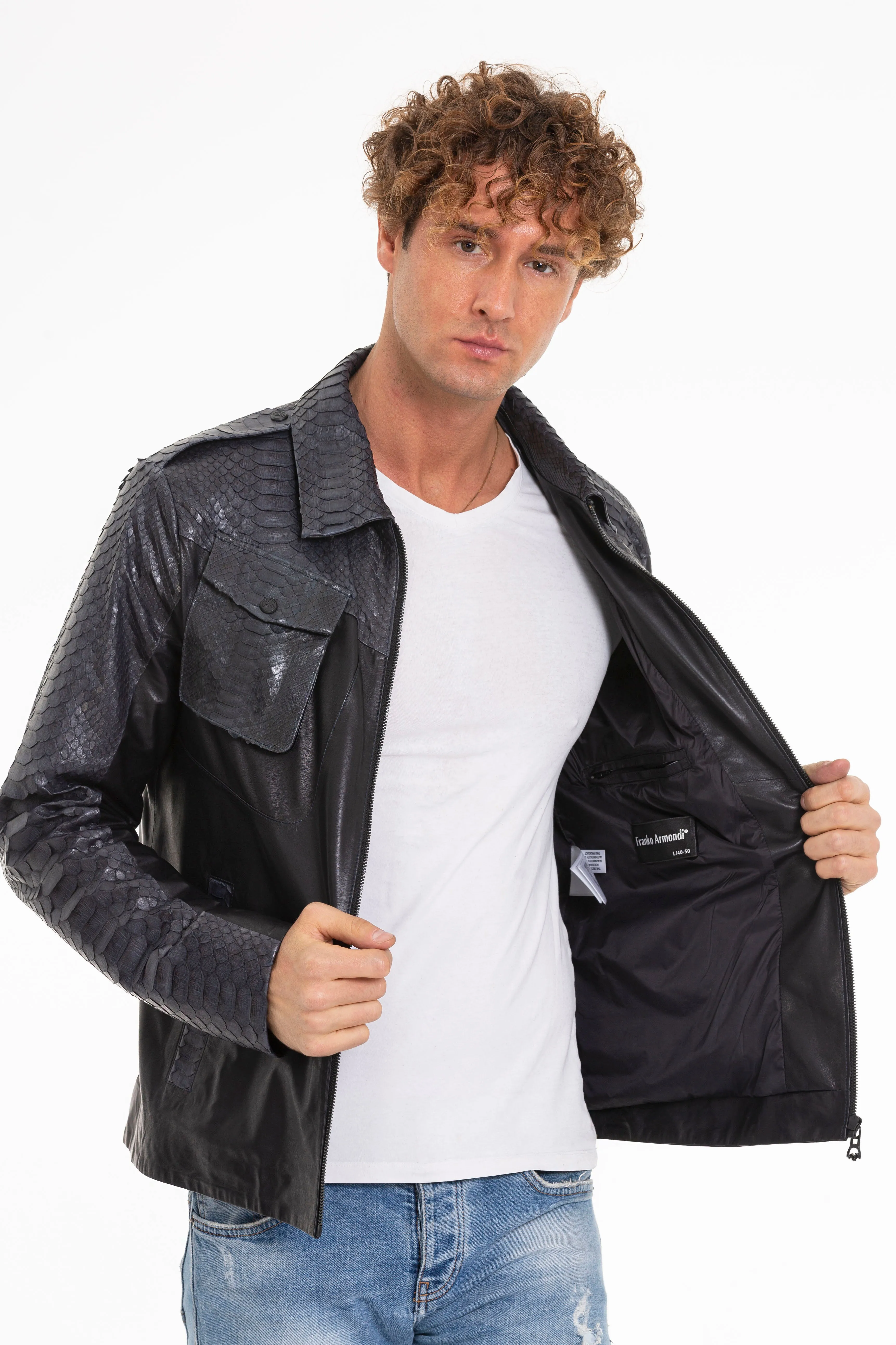 The Agron Pythn Navy Blue Leather Men Jacket