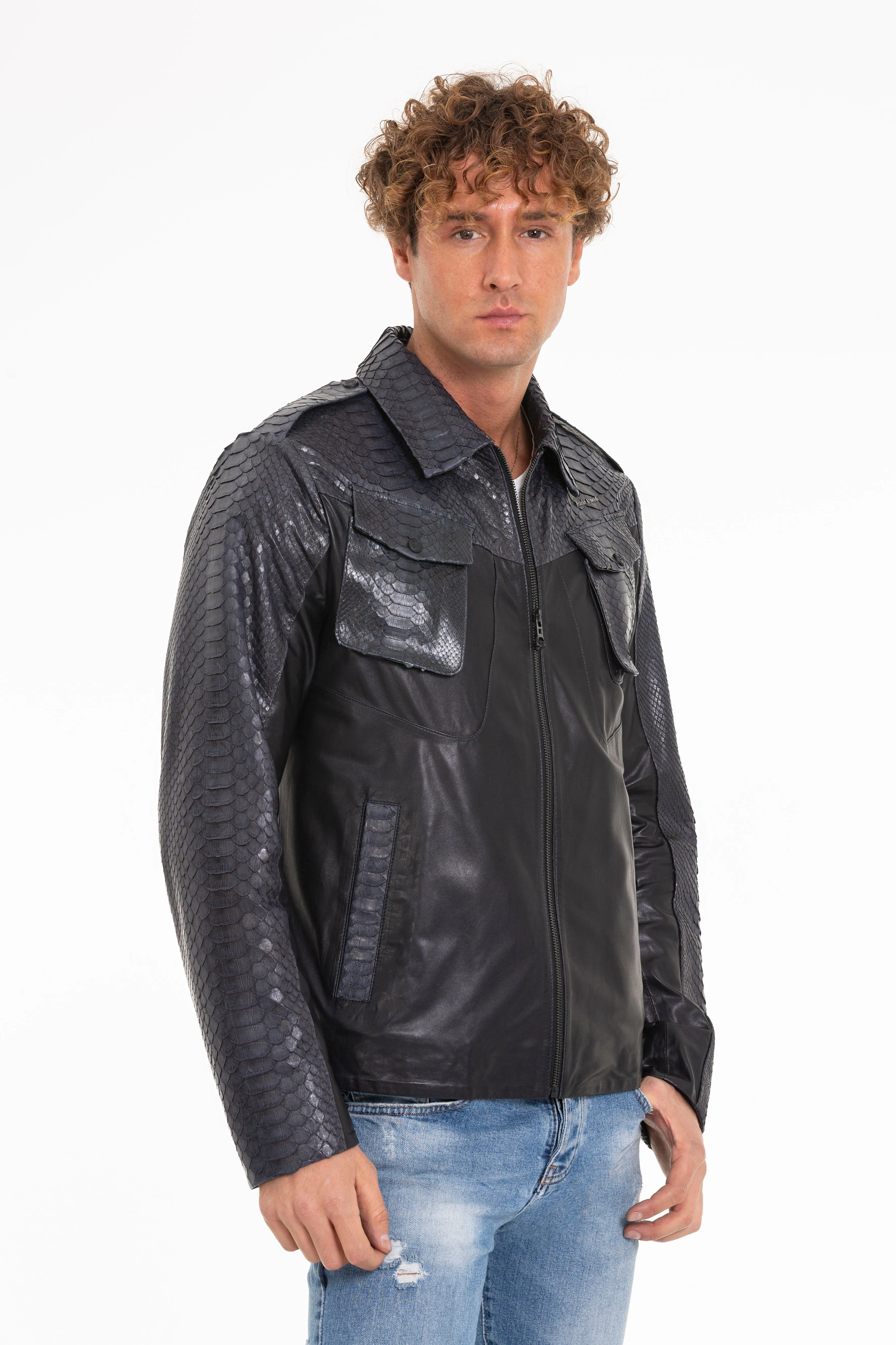 The Agron Pythn Navy Blue Leather Men Jacket