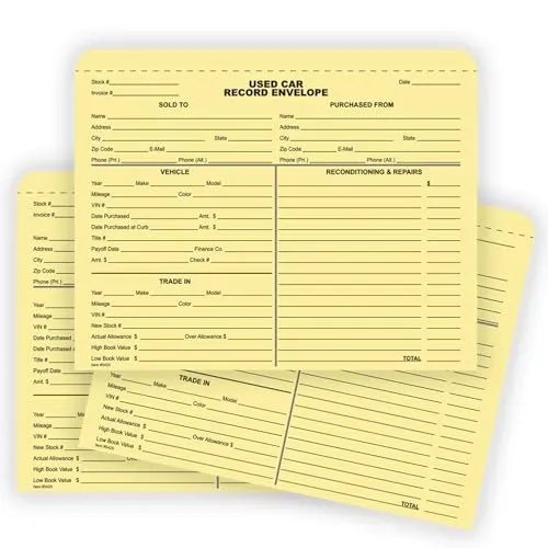 Used Car Record Envelopes for Car Dealerships and Repair Shops - 9-3/8" x 11-3/4" with 1/2" Extension - Durable 100# Buff Stock - Black Ink Printed on Short Side - Shrink-Wrapped Packs