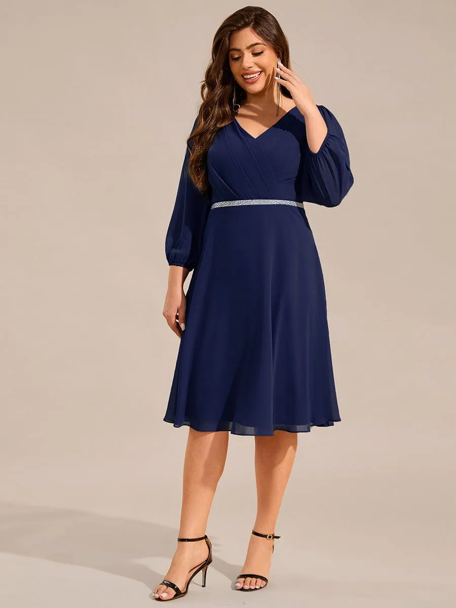 V-neck Long Sleeve Pleated Chiffon Midi Wedding Guest Dress