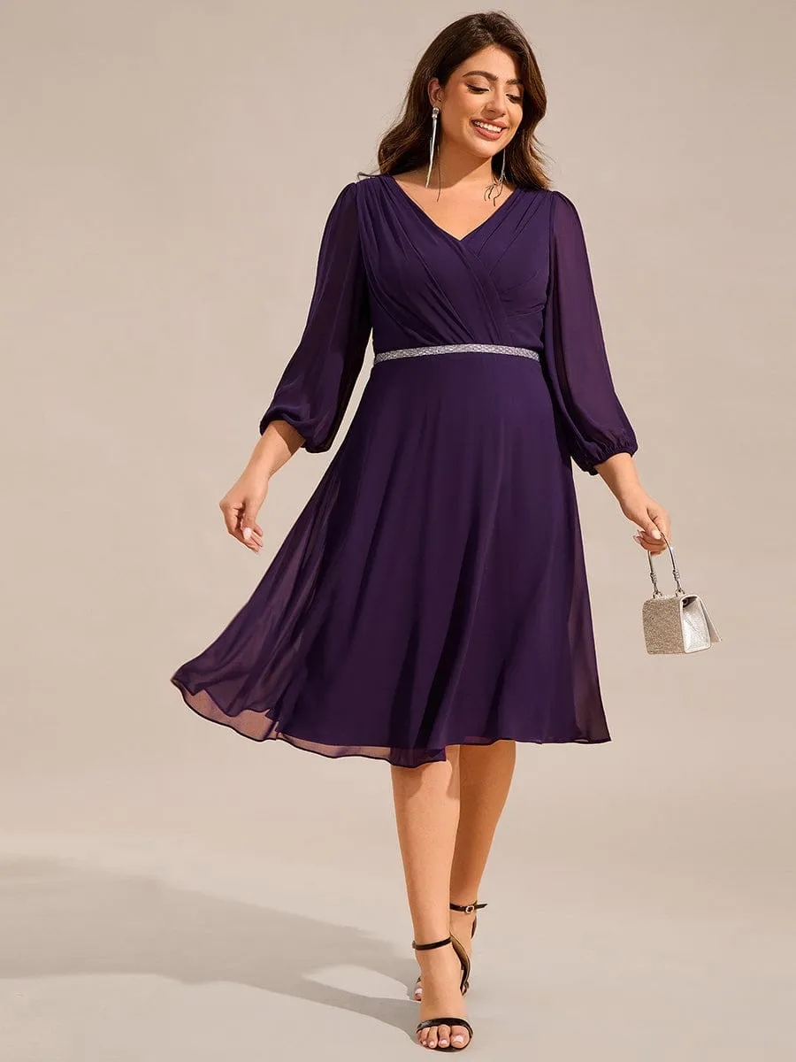 V-neck Long Sleeve Pleated Chiffon Midi Wedding Guest Dress