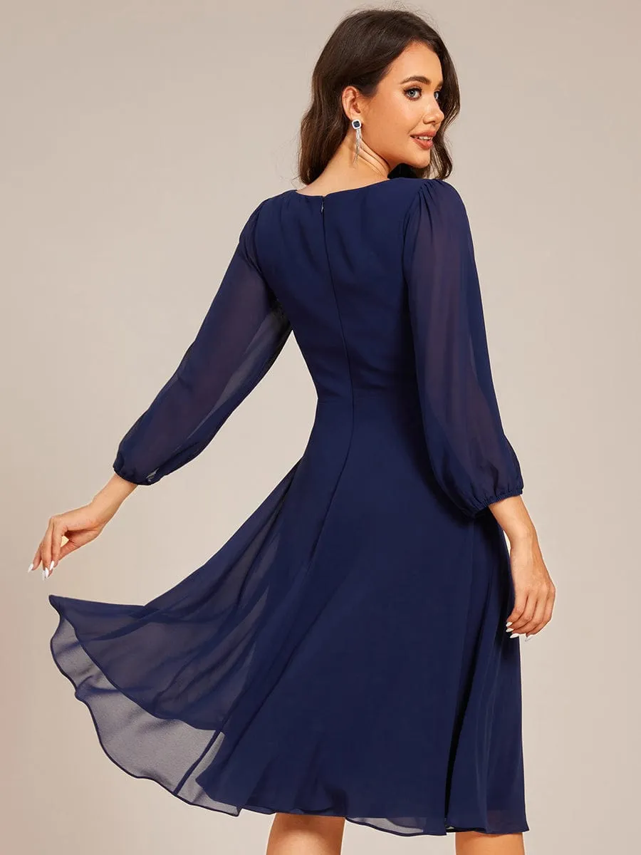 V-neck Long Sleeve Pleated Chiffon Midi Wedding Guest Dress