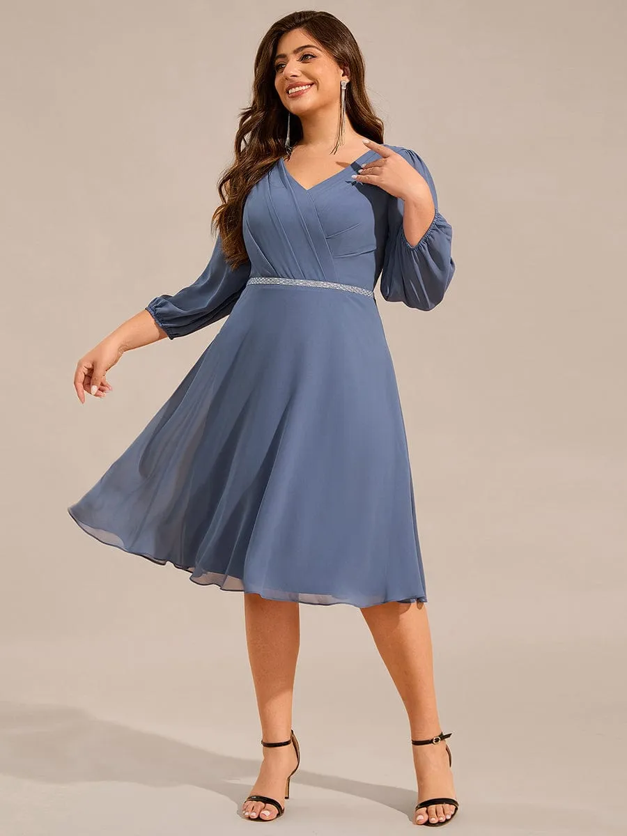 V-neck Long Sleeve Pleated Chiffon Midi Wedding Guest Dress