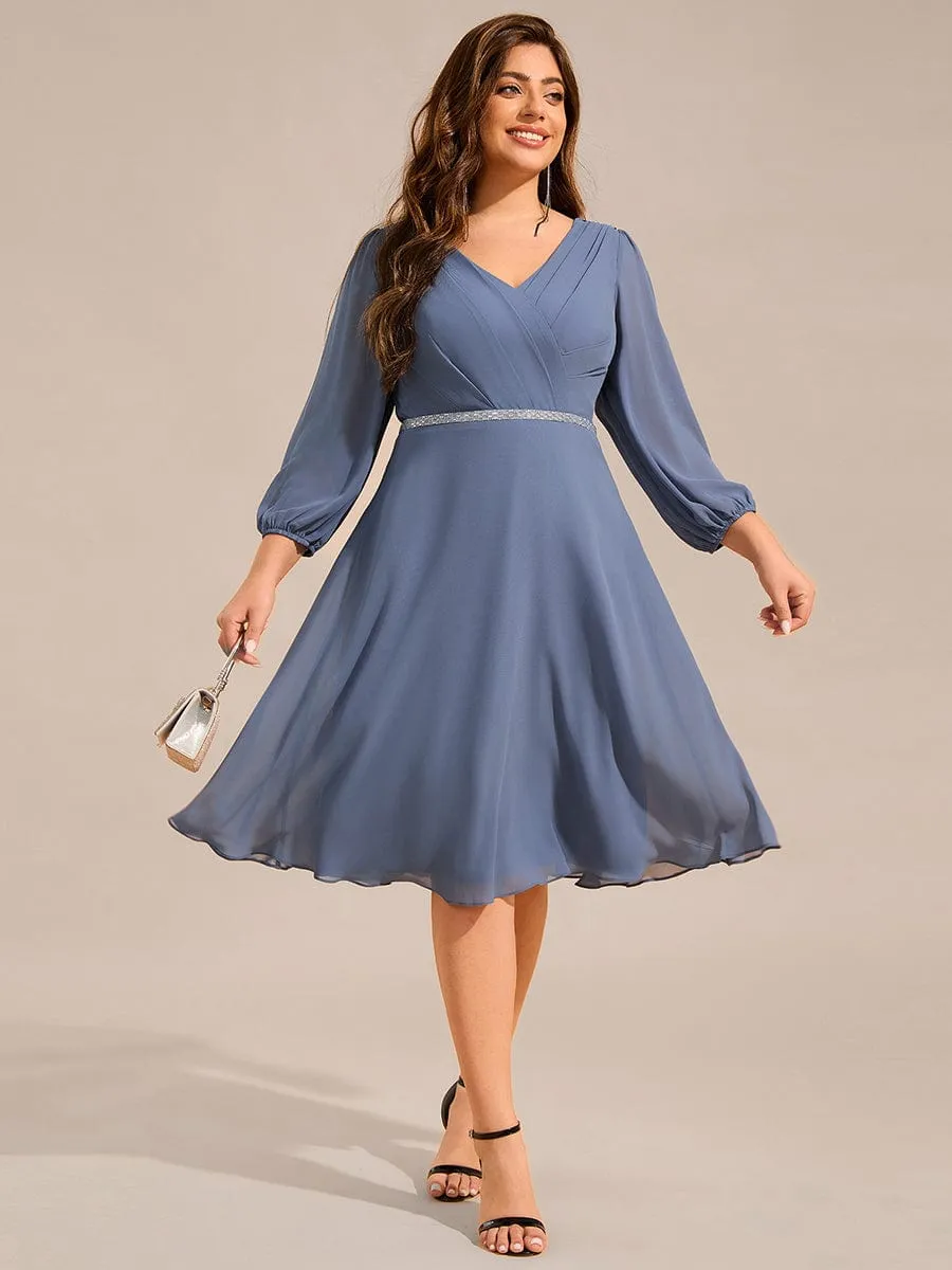 V-neck Long Sleeve Pleated Chiffon Midi Wedding Guest Dress