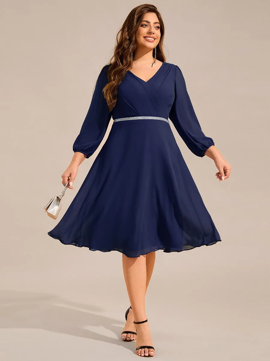 V-neck Long Sleeve Pleated Chiffon Midi Wedding Guest Dress