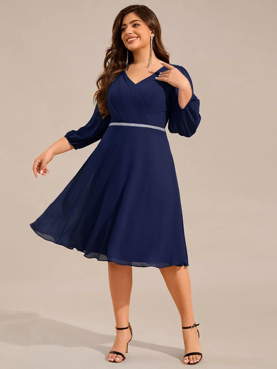 V-neck Long Sleeve Pleated Chiffon Midi Wedding Guest Dress