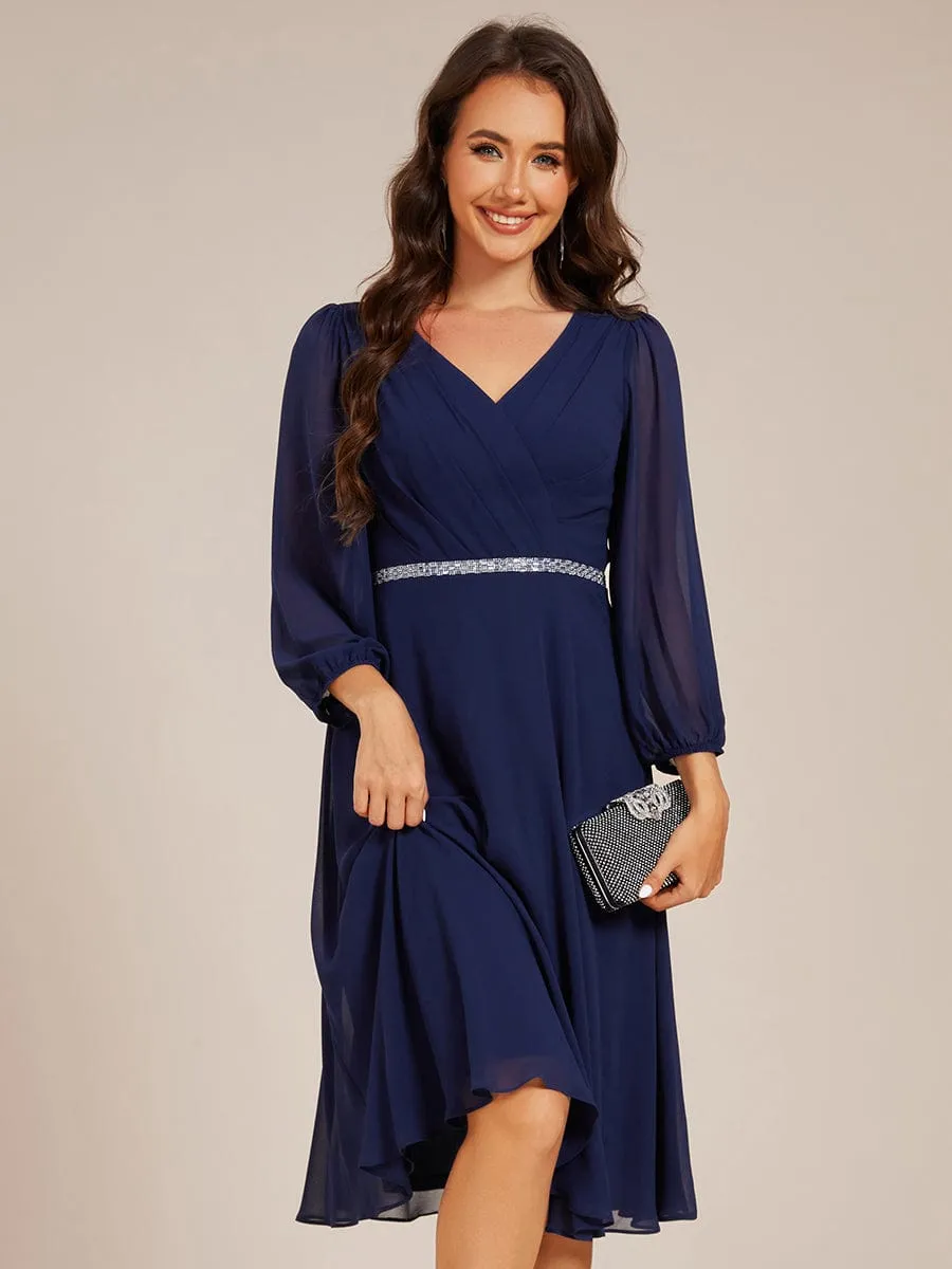 V-neck Long Sleeve Pleated Chiffon Midi Wedding Guest Dress