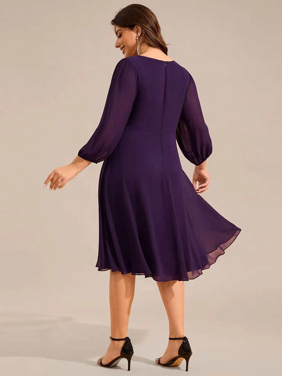 V-neck Long Sleeve Pleated Chiffon Midi Wedding Guest Dress