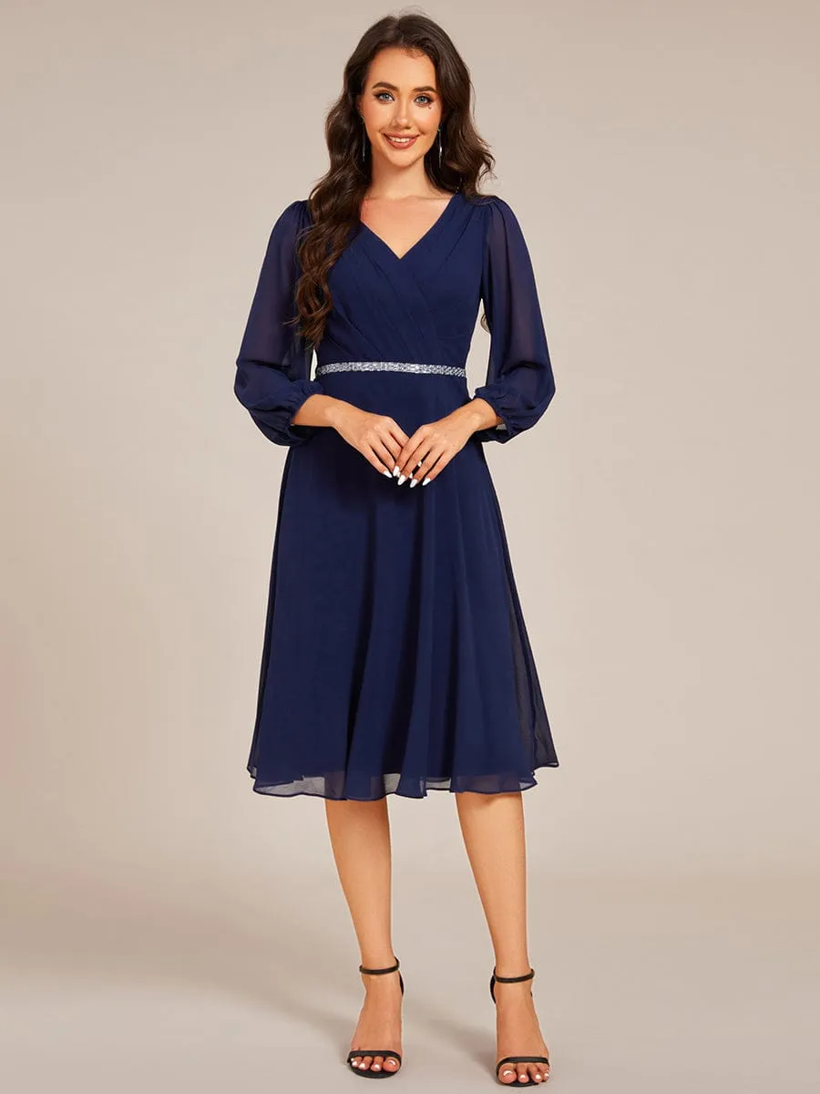 V-neck Long Sleeve Pleated Chiffon Midi Wedding Guest Dress