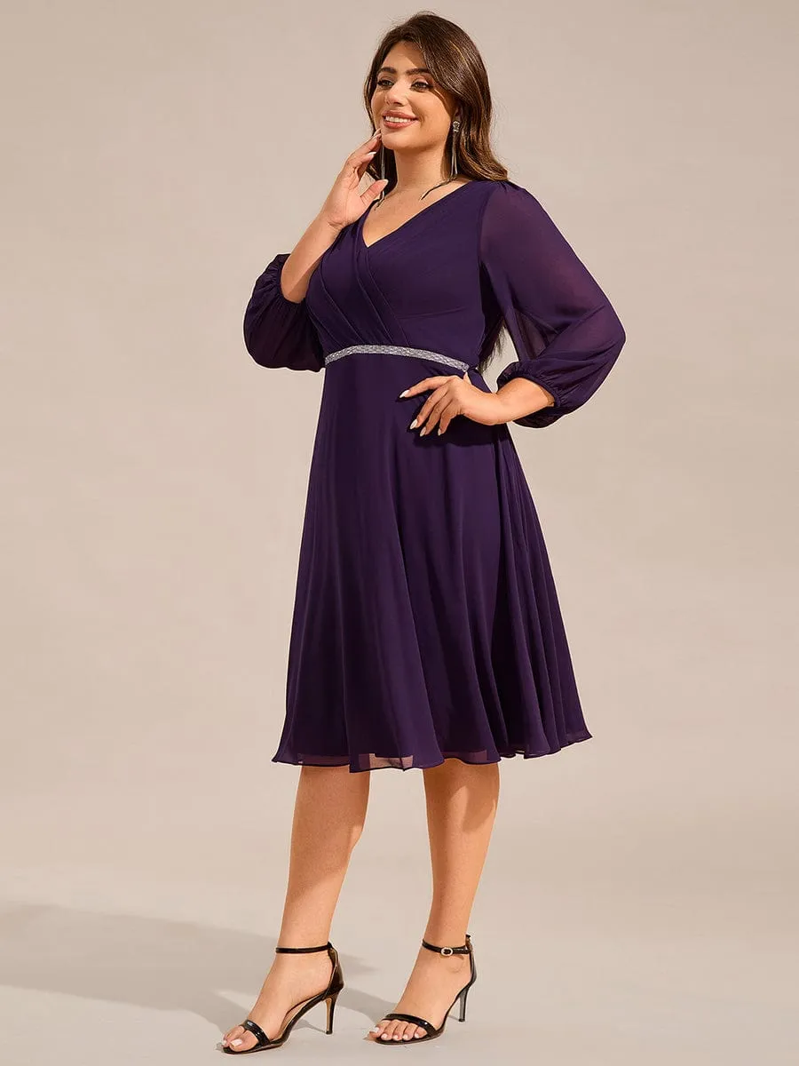 V-neck Long Sleeve Pleated Chiffon Midi Wedding Guest Dress