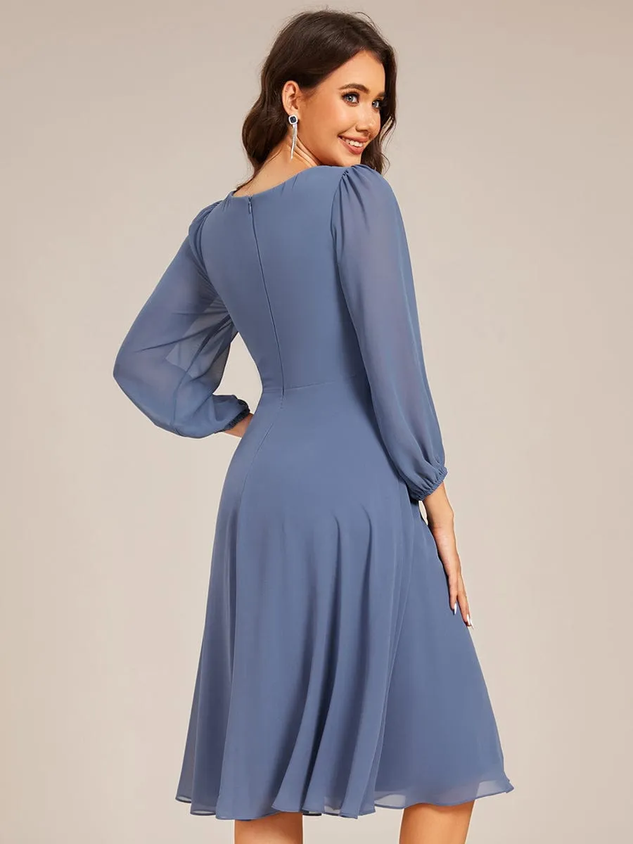 V-neck Long Sleeve Pleated Chiffon Midi Wedding Guest Dress