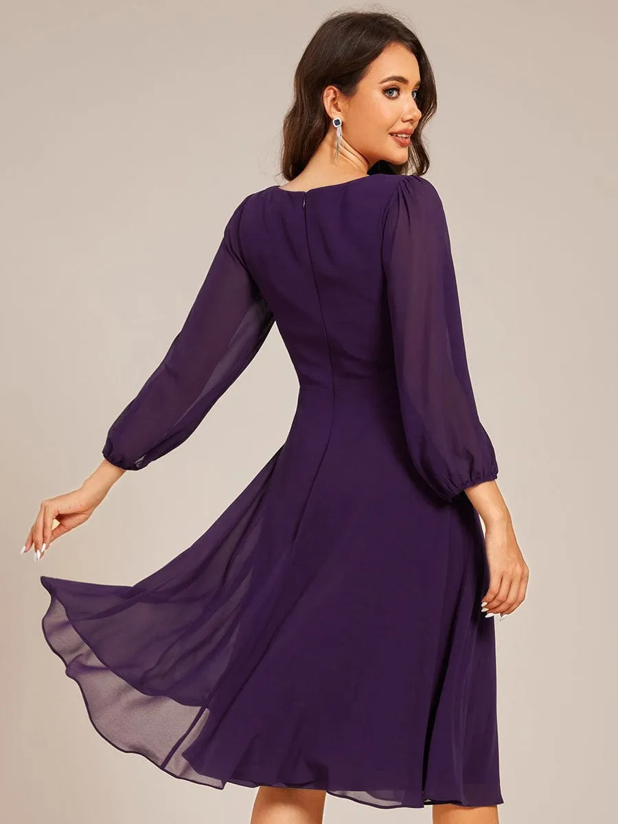 V-neck Long Sleeve Pleated Chiffon Midi Wedding Guest Dress