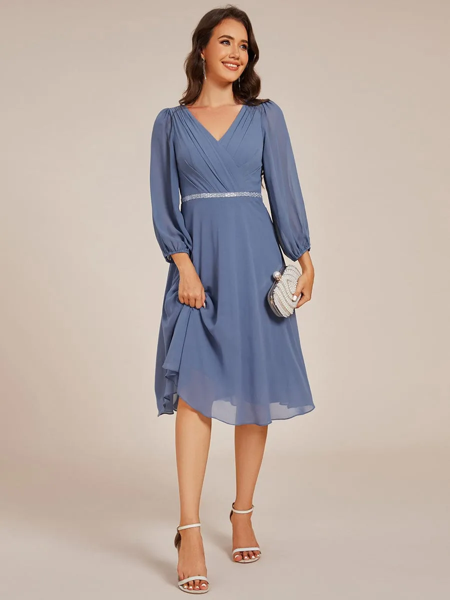 V-neck Long Sleeve Pleated Chiffon Midi Wedding Guest Dress