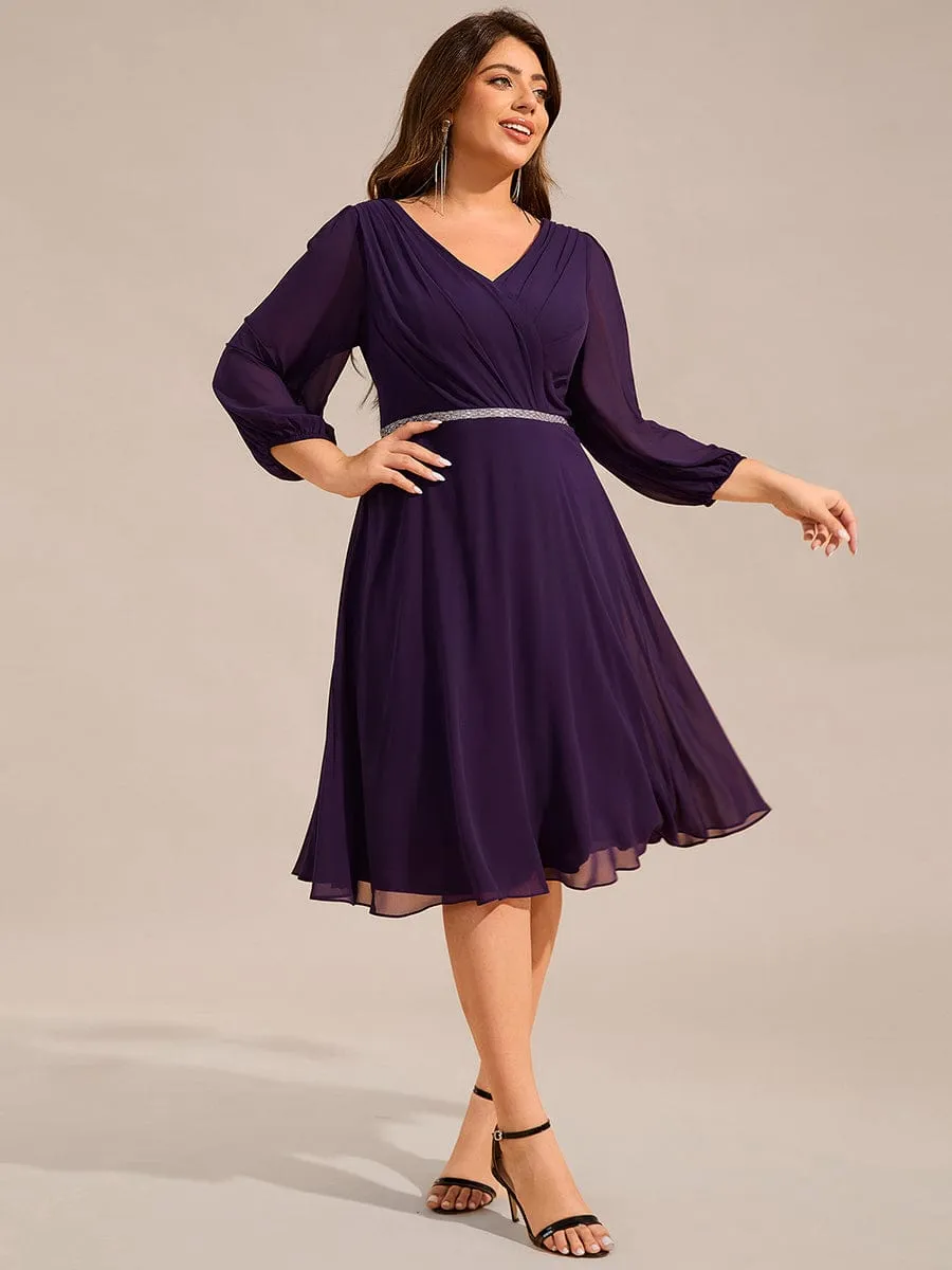 V-neck Long Sleeve Pleated Chiffon Midi Wedding Guest Dress