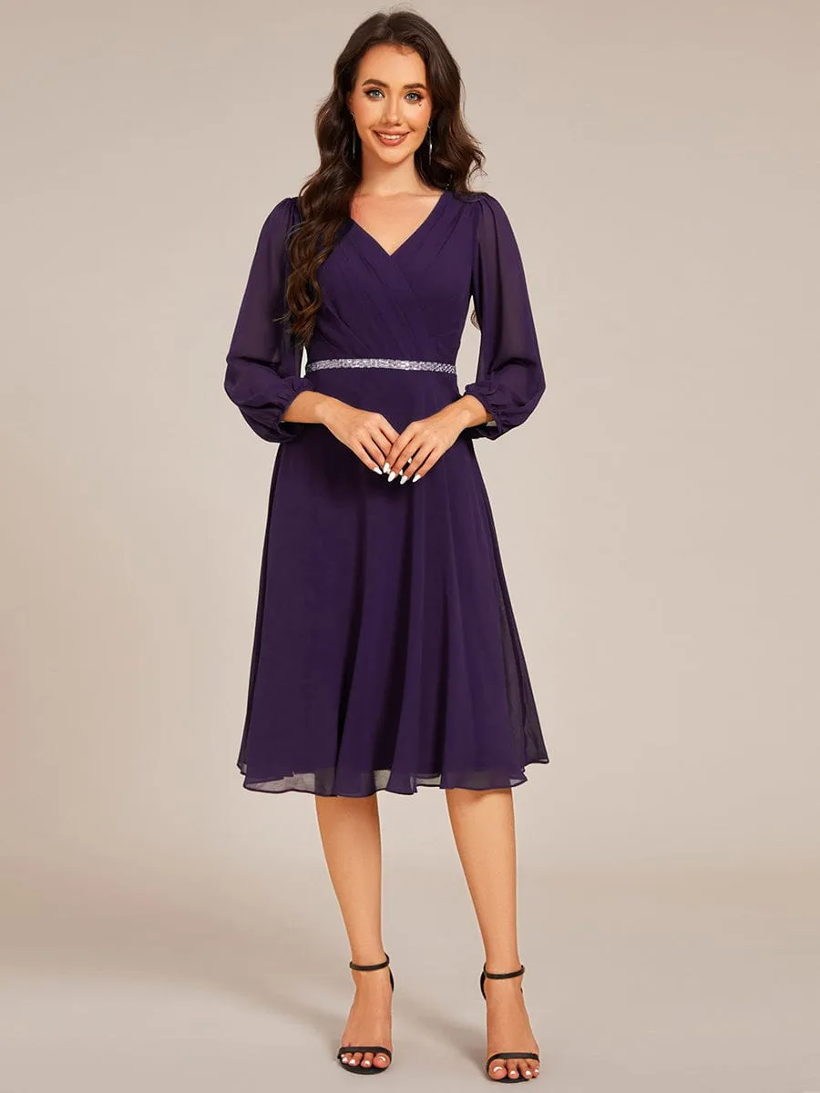 V-neck Long Sleeve Pleated Chiffon Midi Wedding Guest Dress