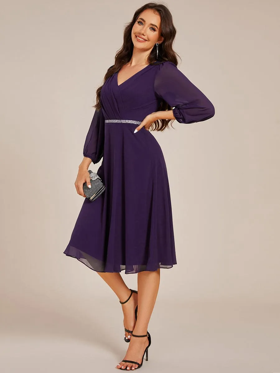 V-neck Long Sleeve Pleated Chiffon Midi Wedding Guest Dress