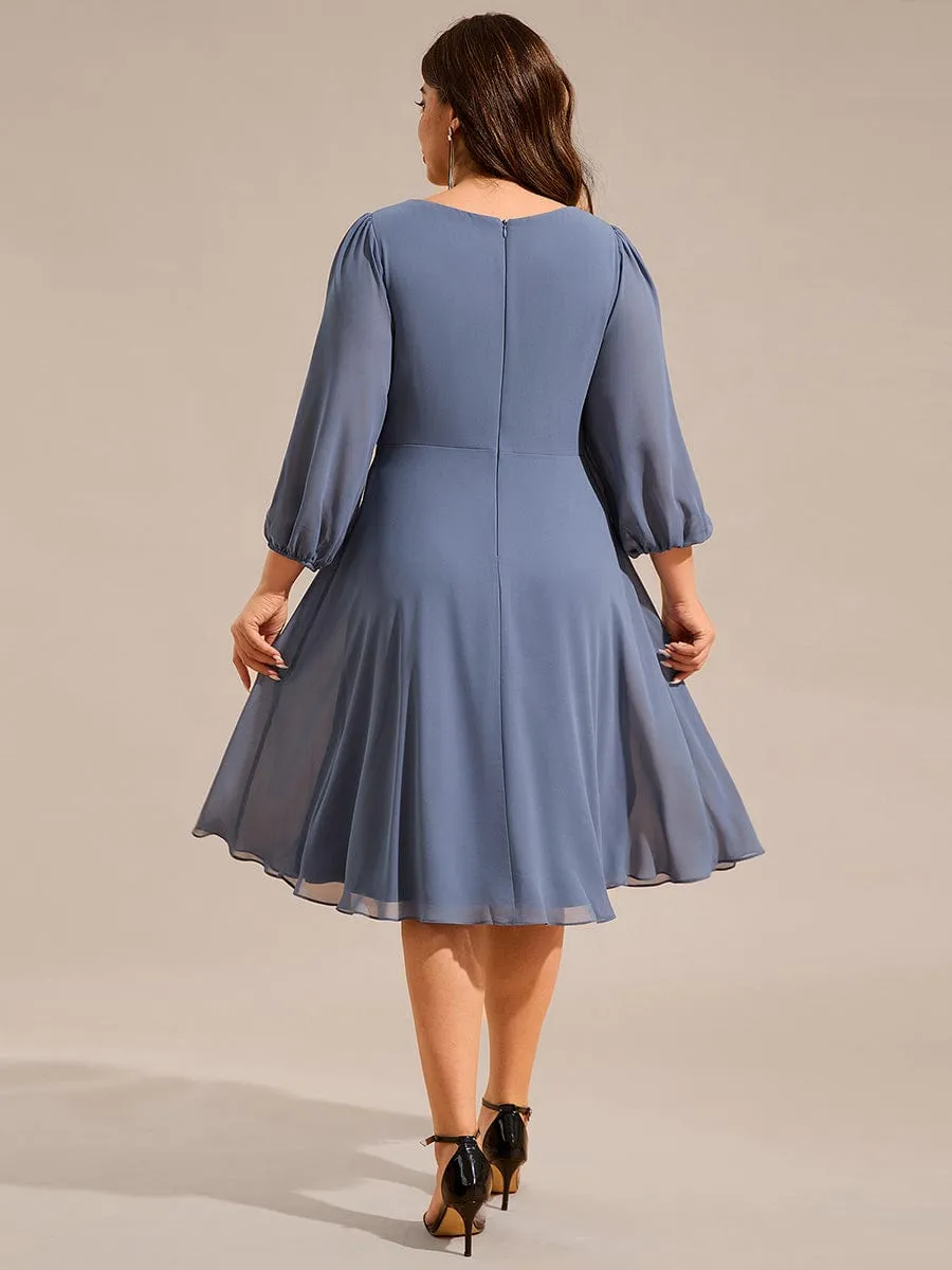 V-neck Long Sleeve Pleated Chiffon Midi Wedding Guest Dress