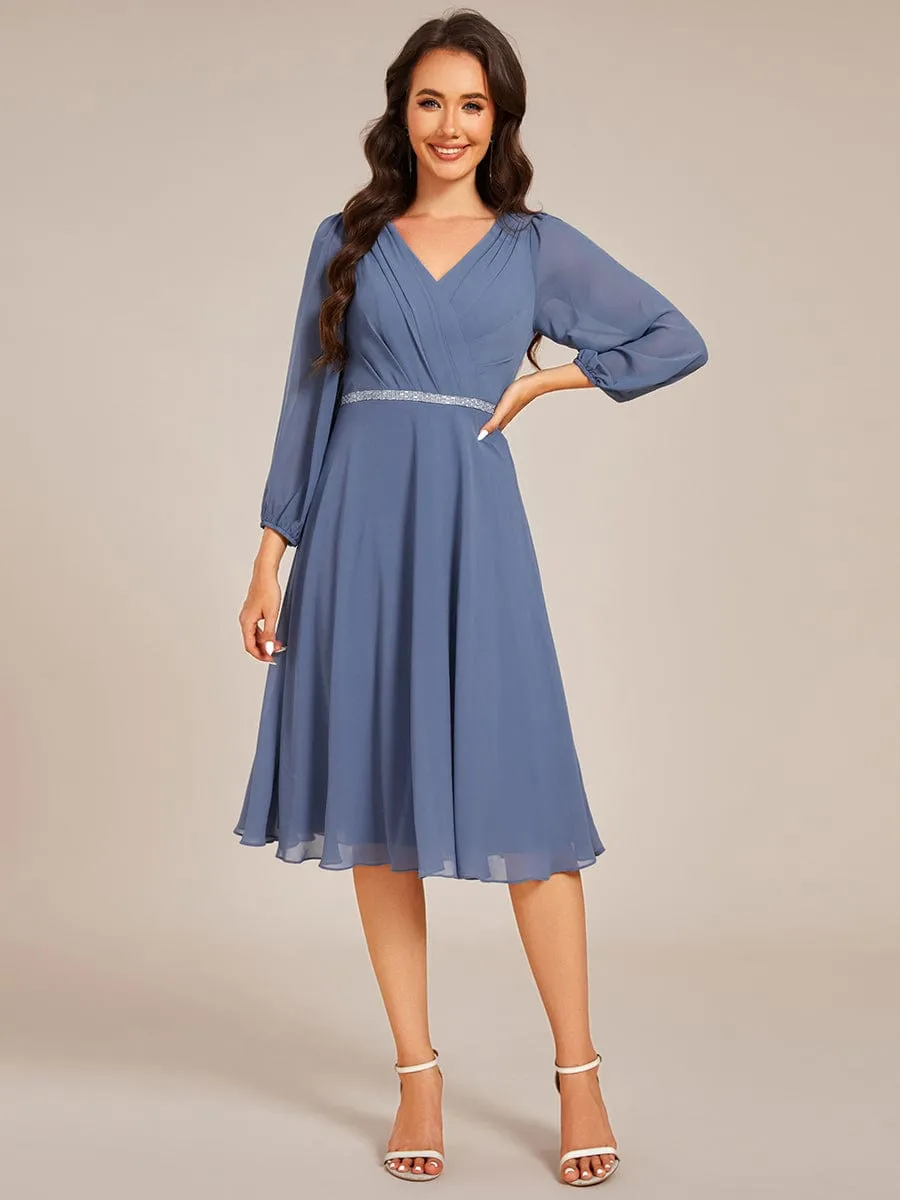 V-neck Long Sleeve Pleated Chiffon Midi Wedding Guest Dress