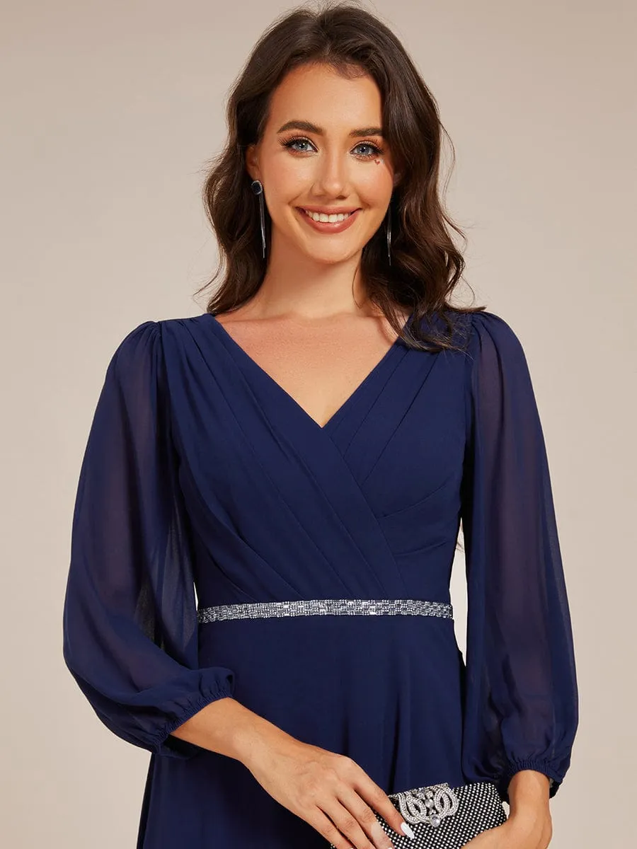 V-neck Long Sleeve Pleated Chiffon Midi Wedding Guest Dress