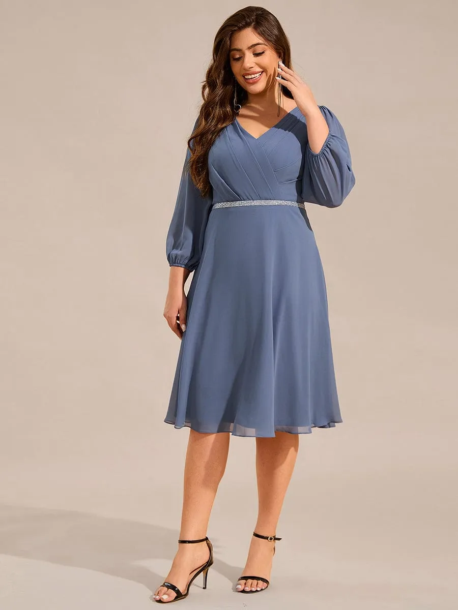 V-neck Long Sleeve Pleated Chiffon Midi Wedding Guest Dress