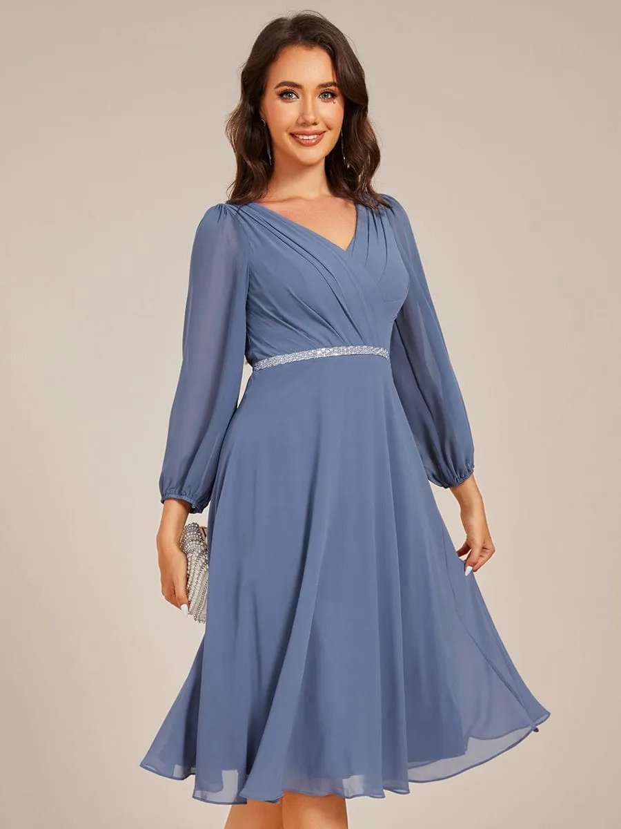 V-neck Long Sleeve Pleated Chiffon Midi Wedding Guest Dress