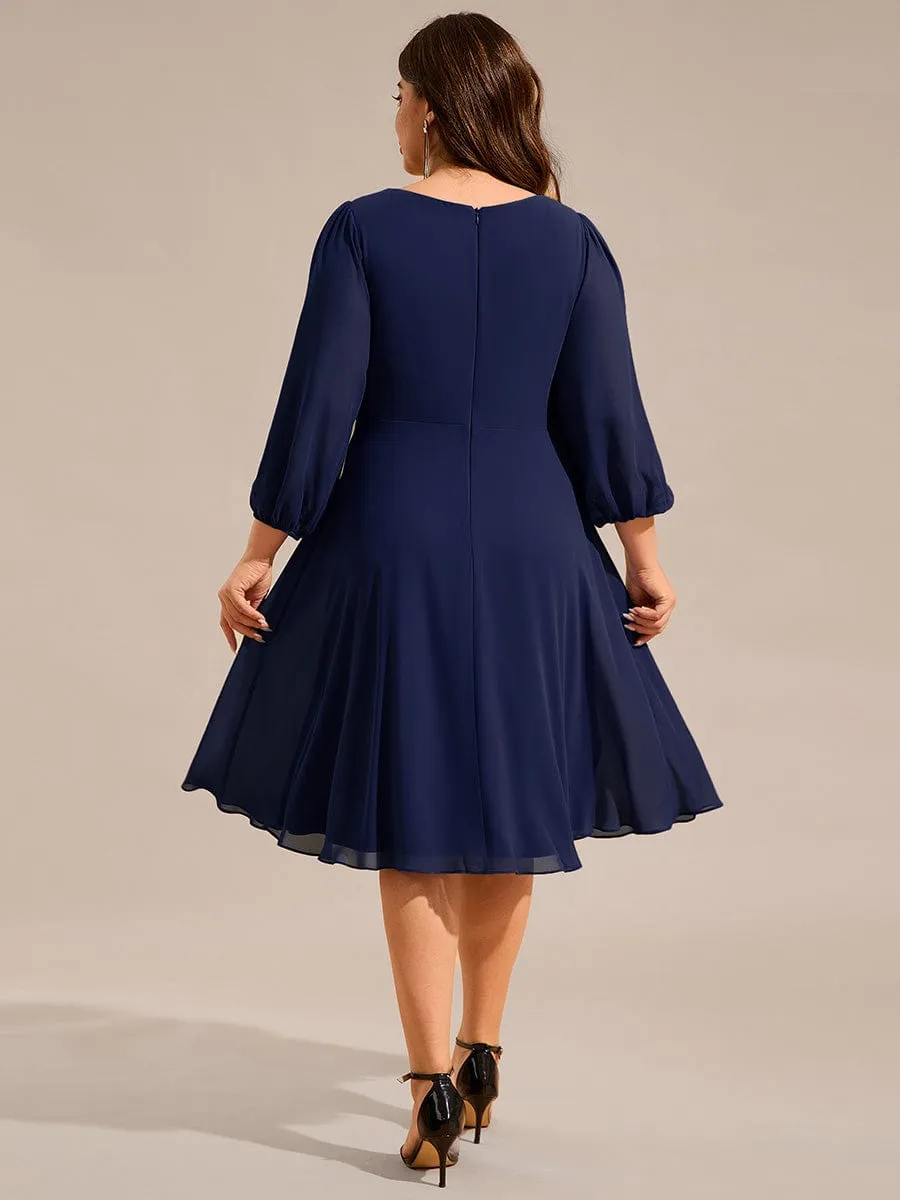 V-neck Long Sleeve Pleated Chiffon Midi Wedding Guest Dress