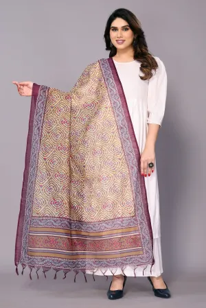 varanga wine and beige printed khadi cotton dupatta with tasselled border