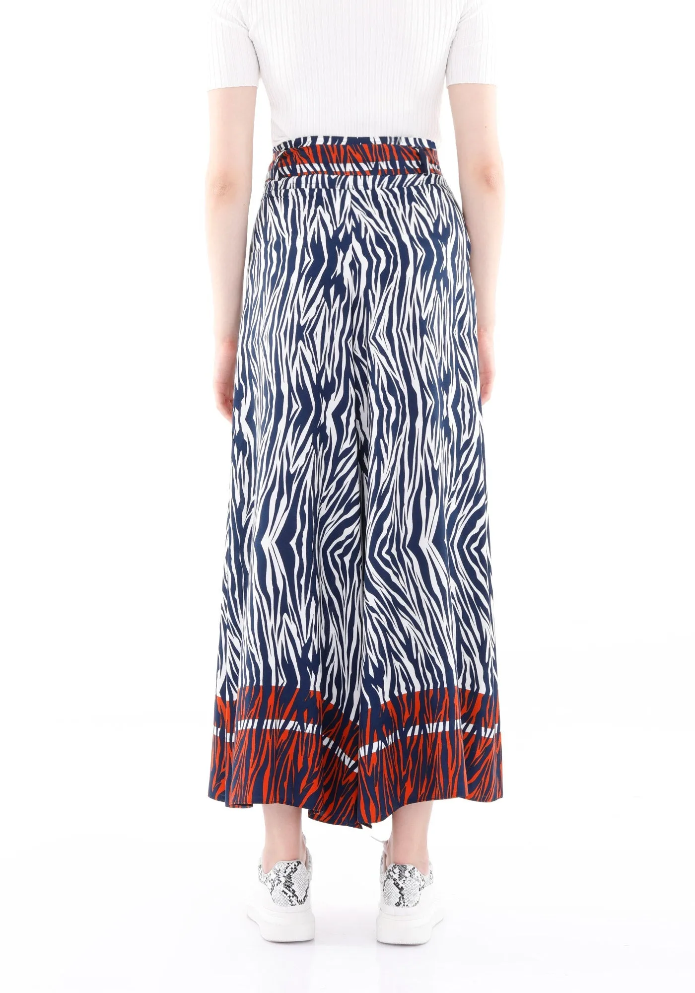 Wheel Tiger Pattern Palazzo Pants with Pockets and Belt