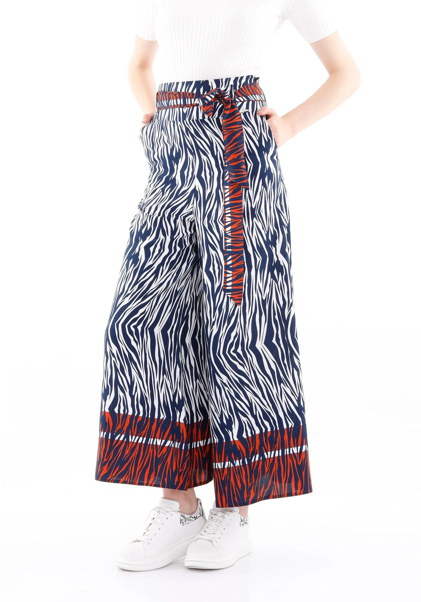 Wheel Tiger Pattern Palazzo Pants with Pockets and Belt