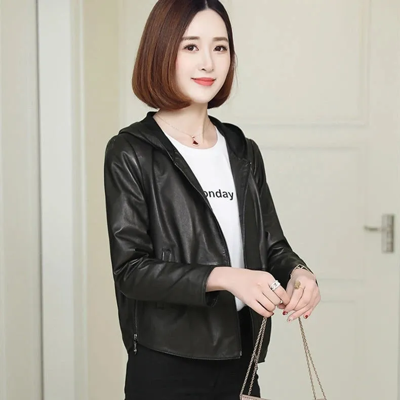 Womens Black Hooded Leather Jacket