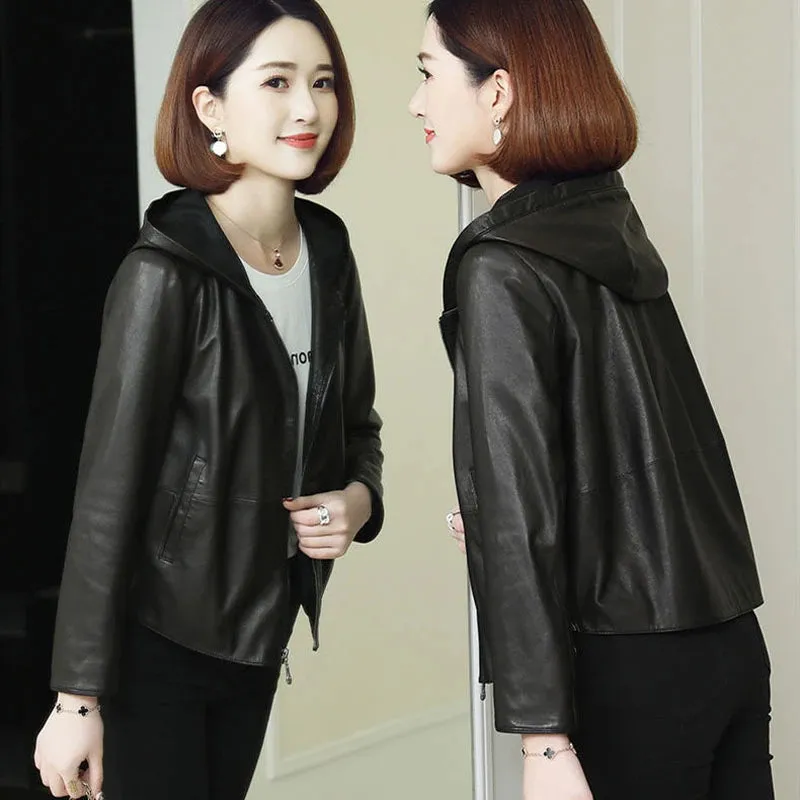 Womens Black Hooded Leather Jacket