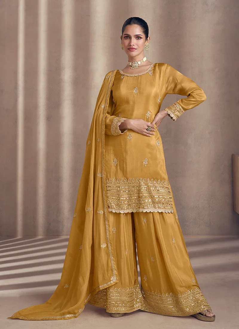 Yellow All Over Sequence Embroidery Designer Sharara Suit