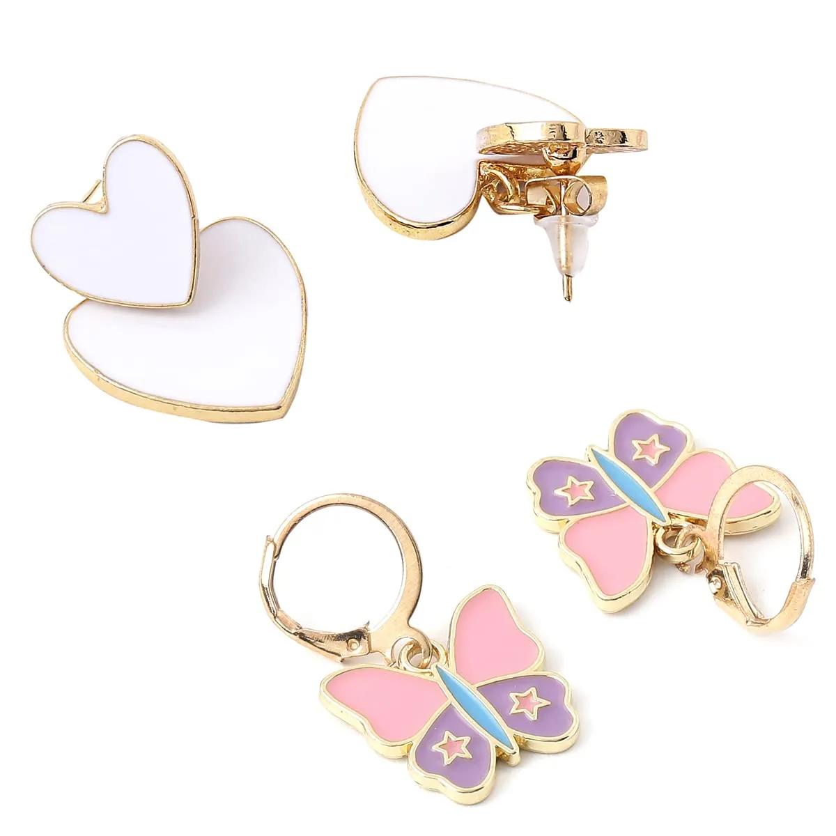 Yellow Chimes Earring For Women Combo Of 2 Pcs Gold Tone Huggie Hoop With Butterfly Charm and White Color Double Heart Drop Earrings For Women and Girls