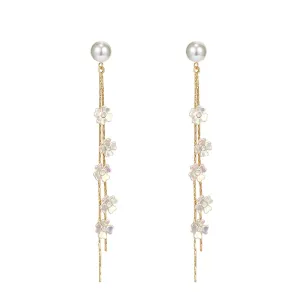 Yellow Chimes Earrings For Women Gold Tone Pearl Stud Linear Chain Crystal Studded Tassel Dangler Earrings For Women and Girls