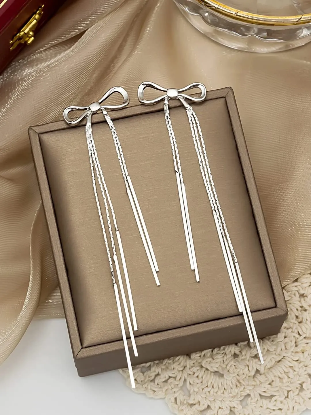 Yellow Chimes Earrings For Women Silver Toned Bow Shaped Chain Hanging Dangler Earrings For Women and Girls