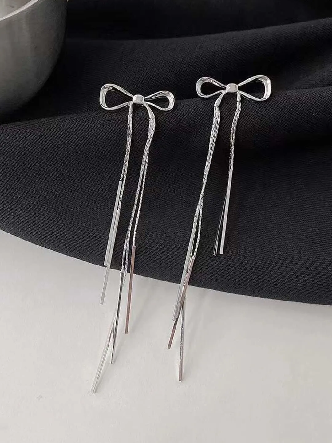 Yellow Chimes Earrings For Women Silver Toned Bow Shaped Chain Hanging Dangler Earrings For Women and Girls