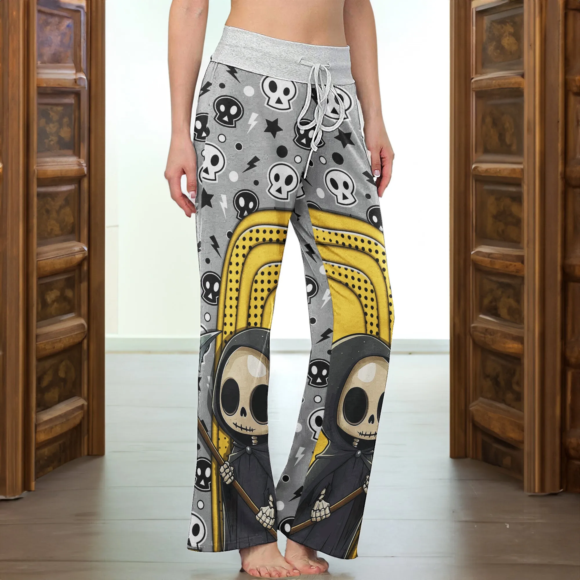 Yellow Grim Reaper Art  Women's High-waisted Wide Leg Pants