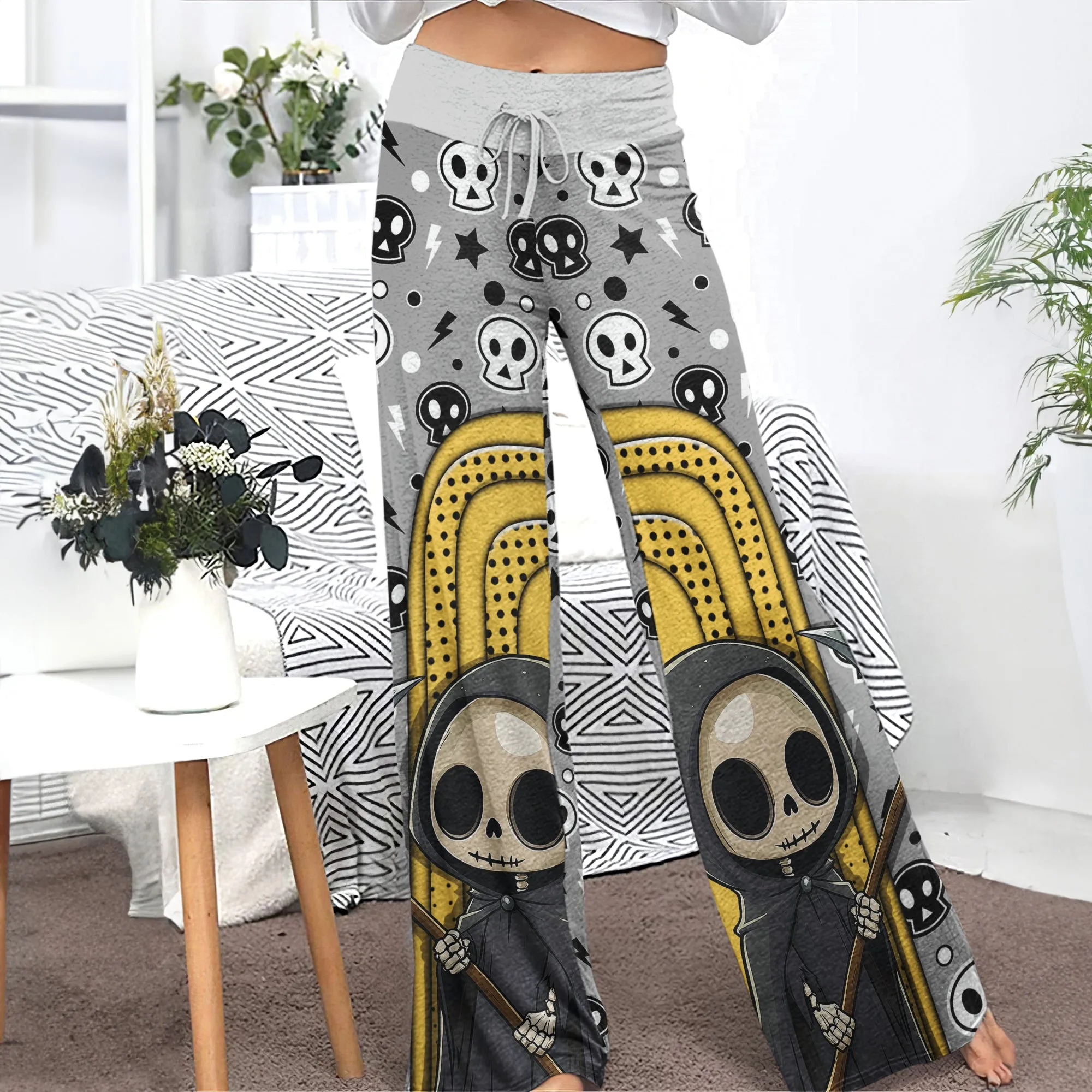 Yellow Grim Reaper Art  Women's High-waisted Wide Leg Pants