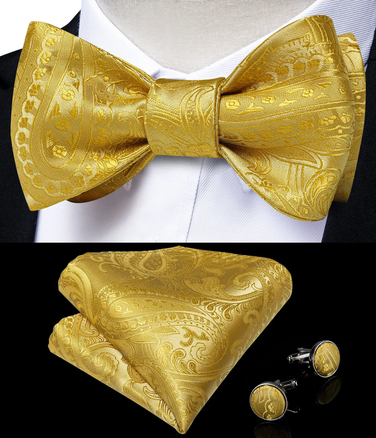 Yellow Paisley Self-Bowtie Pocket Square Cufflinks Set